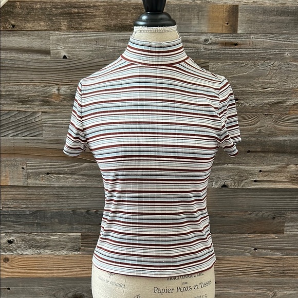Anthropologie Maeve The Blair Striped Mock Neck Short Sleeve shirt Size M - Picture 2 of 8